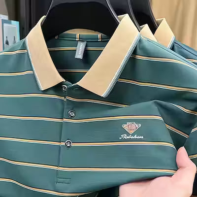 3D Letter Print Striped Polo Shirt – Men's Summer Short Sleeve Collared T-Shirt