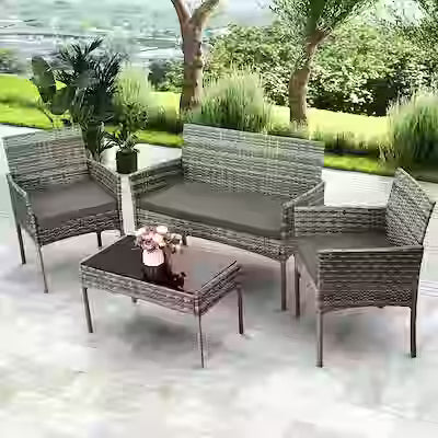 Premium outdoor bistro conversation set with 2 chairs, loveseat, and glass-top coffee table