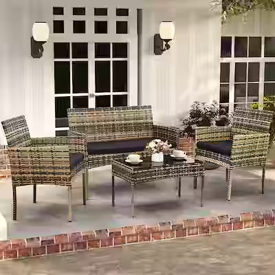 4-Piece Wicker Bistro Set with Water-Resistant Cushioned Chairs, Coffee Table, and Loveseat – Ideal for Outdoor Dining
