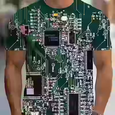 Men's Short Sleeve Green T-Shirt with 3D Circuit Board Print