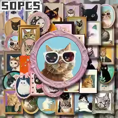 Cat Photo‑Frame Themed Flat Stickers – 50 Non‑Repeating 2D Decals for Gifts, Home Décor, Luggage and More