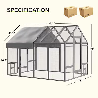 96-inch wooden walk-in chicken coop with movable fence and weatherproof roof