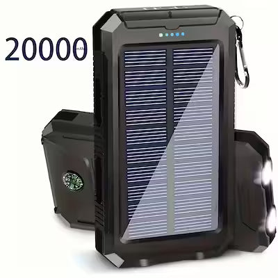 20,000mAh solar power bank with dual USB ports and flashlight