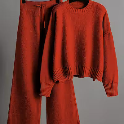 Women's Autumn Two-Piece Sweater Set with Drop Shoulder and Wide-Leg Pants