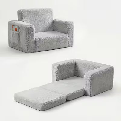 Convertible children's sofa recliner with storage pocket in plush velvet