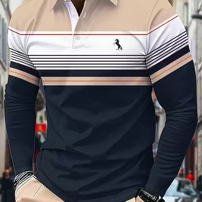 Men’s Long Sleeve Polo Shirt with Contrast Block Collar