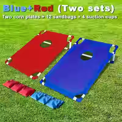 Complete cornhole game set with red and blue boards and bean bags