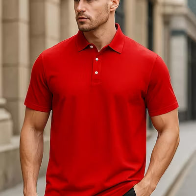 Men's Short Sleeve Button-Up Collar Polo Shirt in Polyester