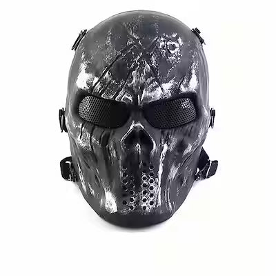 Black and white camouflage skull-shaped mask with shock-absorbing padding and adjustable strap