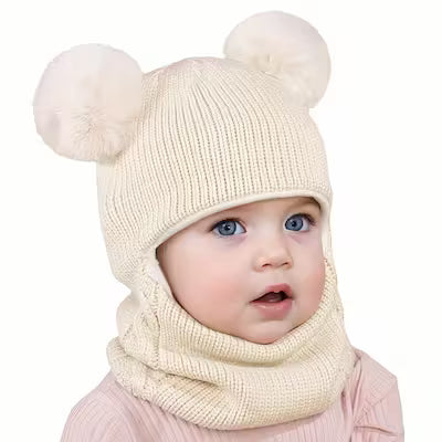 Toddler winter hat with scarf and ear flaps, knitted bear design, ages 1-4