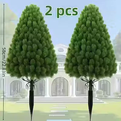 Large artificial pine trees with ground stakes for year-round decor