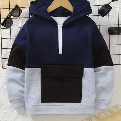 Boys' Color Block Patchwork Hooded Sweatshirt – Long Sleeve Zip-Up
