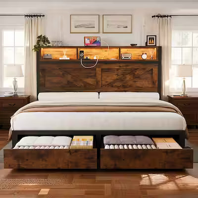 Farmhouse storage bed frame with built-in drawers and LED lighting