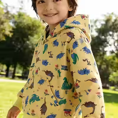 Cartoon Dinosaur Print Hooded Long‑Sleeve Sweatshirt for Boys – Loose Fit, Autumn