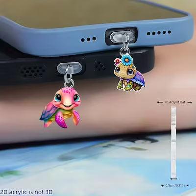 2‑Piece 2D Flat Acrylic Turtle Couple Phone Dust Plugs – Universal Fit for iPhone, Type‑C and Android Devices