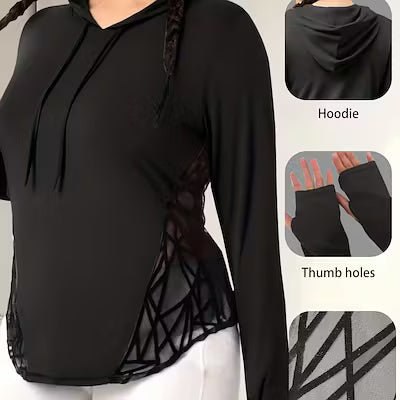 Plus Size Hooded Sweatshirt with Mesh Panels for Women