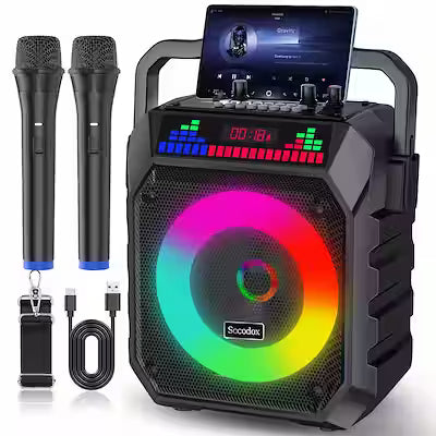 Portable Karaoke System with Wireless Speaker and Two Microphones – Built‑In Lights, Autotune DSP Chip, TWS, TF Card, USB, AUX and Live Functions – Ideal for Home Parties