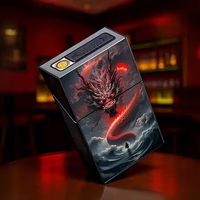 Multifunctional Cigarette Storage Box with Built‑In USB Rechargeable Lighter – Double‑Side Dragon Design, 20‑Pack Capacity