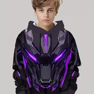 Boys' Glowing Mechanical Armor Long Sleeve Shirt – Robot-Inspired Back Print, Golden and Purple, Breathable Polyester‑Spandex Blend
