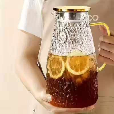 71.71 oz (2 L) Borosilicate Glass Water Jug with Lid, Filter and Wide Yellow Handle