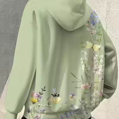 Plus size floral zip-up hoodie in mint green