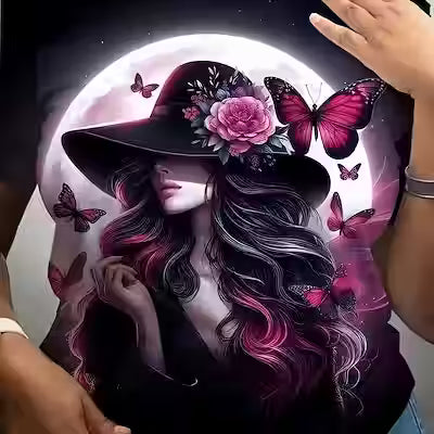 Plus Size Casual Round Neck T-Shirt with Pink Butterfly and Moon Print – Slightly Elastic, Machine Washable