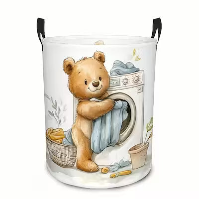 Large round polyester laundry basket with bear design and handles