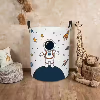 Round laundry basket with sturdy handle and space-themed design
