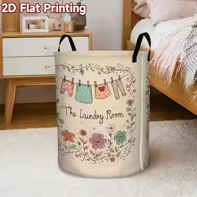 Beige foldable laundry hamper with floral print and sturdy handle