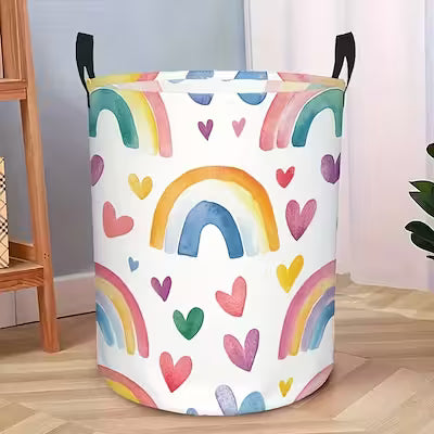 Rainbow and hearts patterned laundry basket with sturdy handles