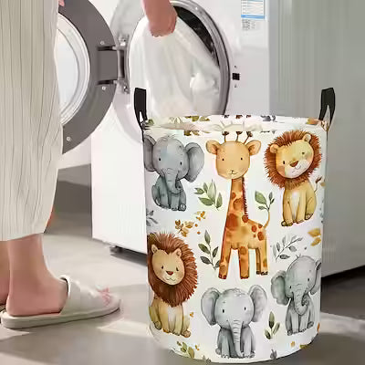 Foldable laundry basket with safari animal print and sturdy handle