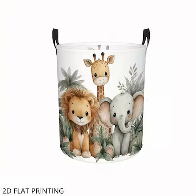 Foldable laundry basket with safari animal print and handle