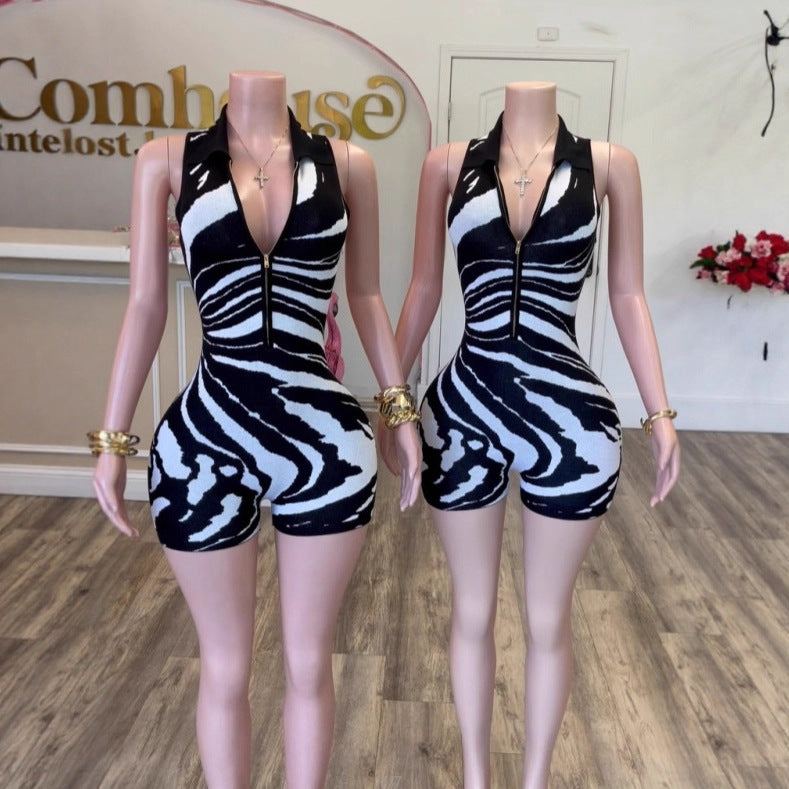 Trendy Half-Zip Striped Romper with Collar