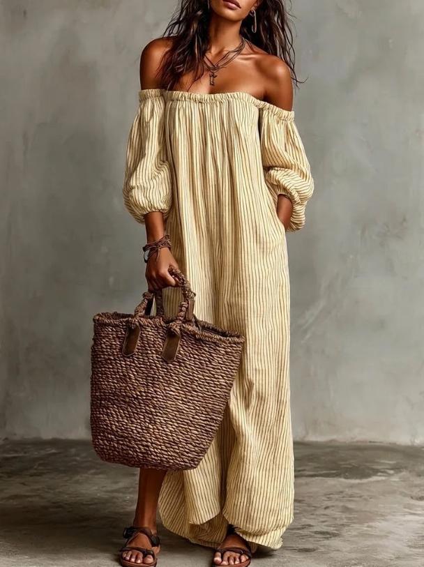Women's Casual Loose-fit Off-shoulder Striped Dress