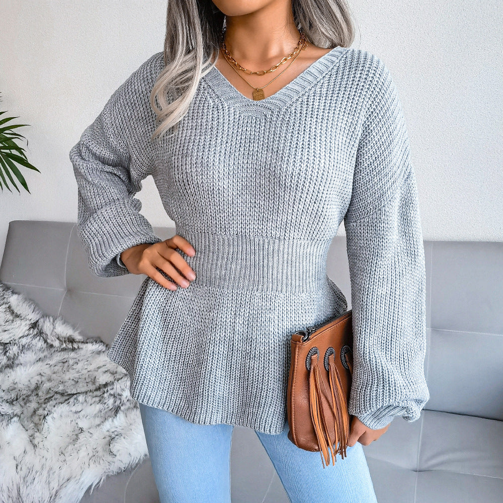 Women's Lantern Sleeve Waist-defined Hem Ruffle Knitted Sweater