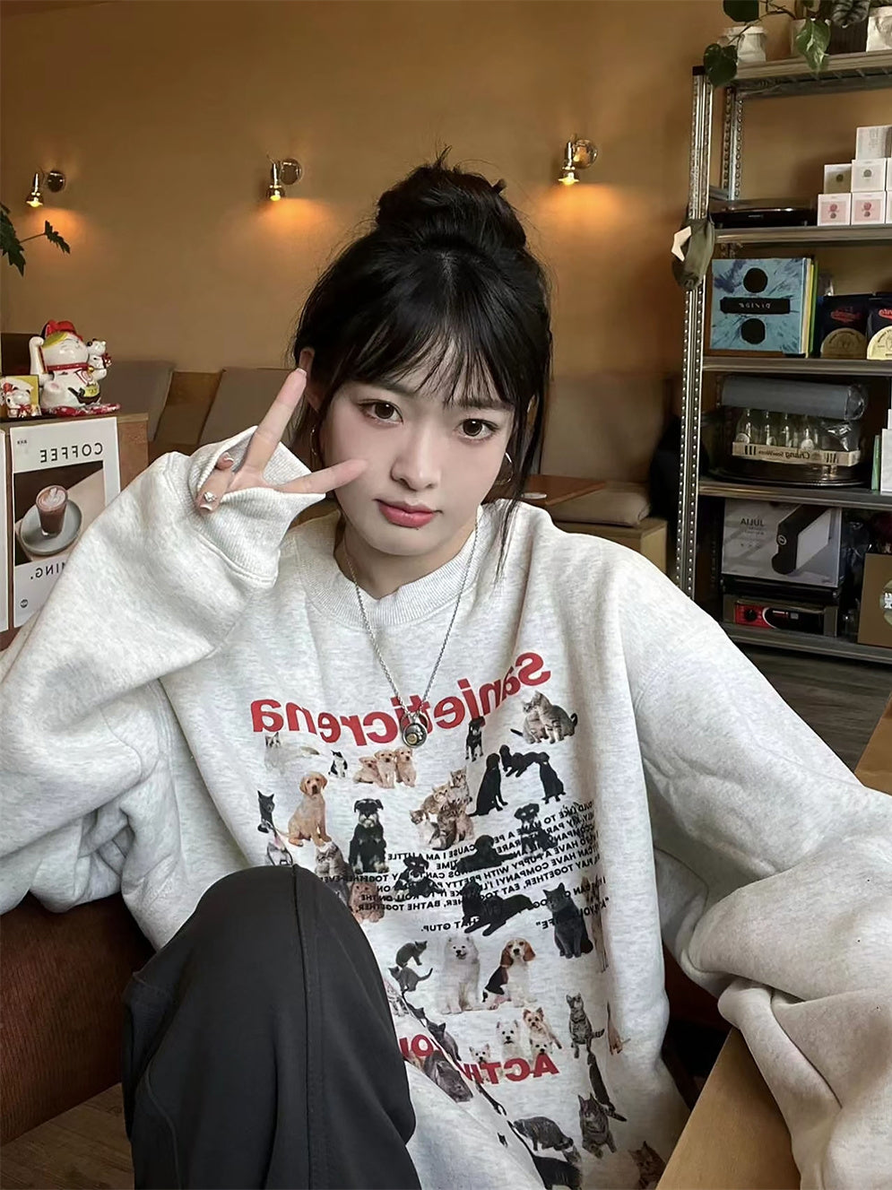 Retro Cartoon Cat Puppy Gray Cotton Crewneck Sweater
