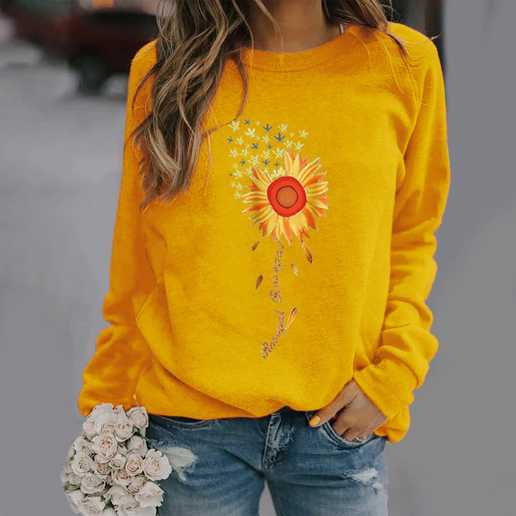 Women's Sunflower Print Long Sleeve Crew Neck Sweater