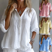 Solid-color Linen V-neck Long-sleeve Casual Shirt