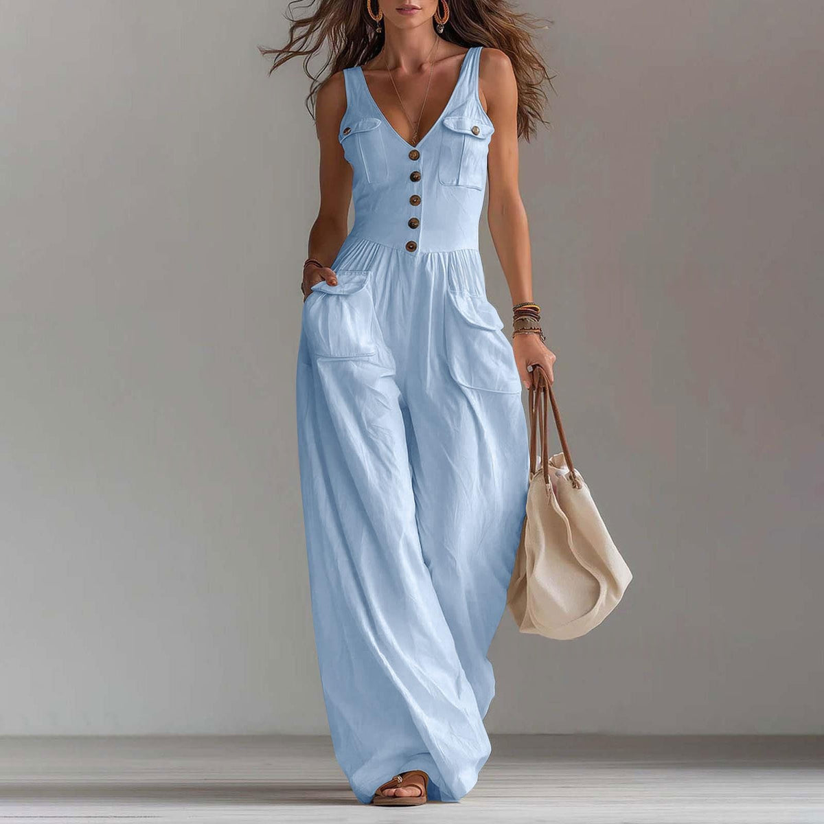 Casual Sleeveless Wide-Leg Jumpsuit with Pockets