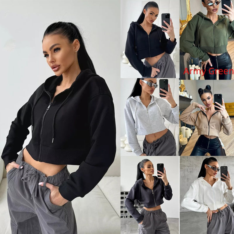 Trendy Cropped Zip-Up Hoodie with Drawstring