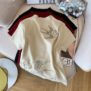 Retro Embroidered Crop Top – Stand‑Up Collar, Versatile Short Sleeve