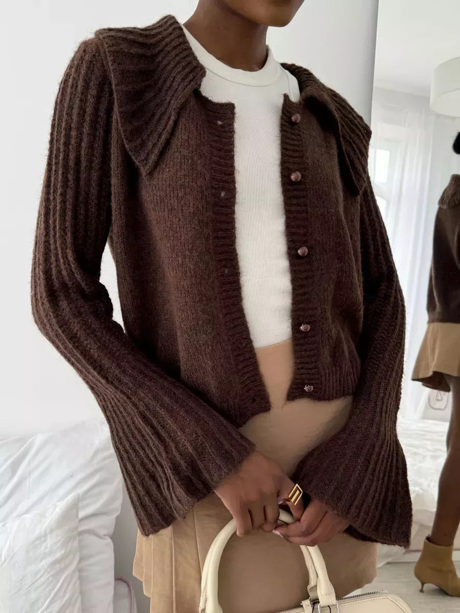Womens Short Knitted Cardigan with Lapel Collar and Flared Sleeves