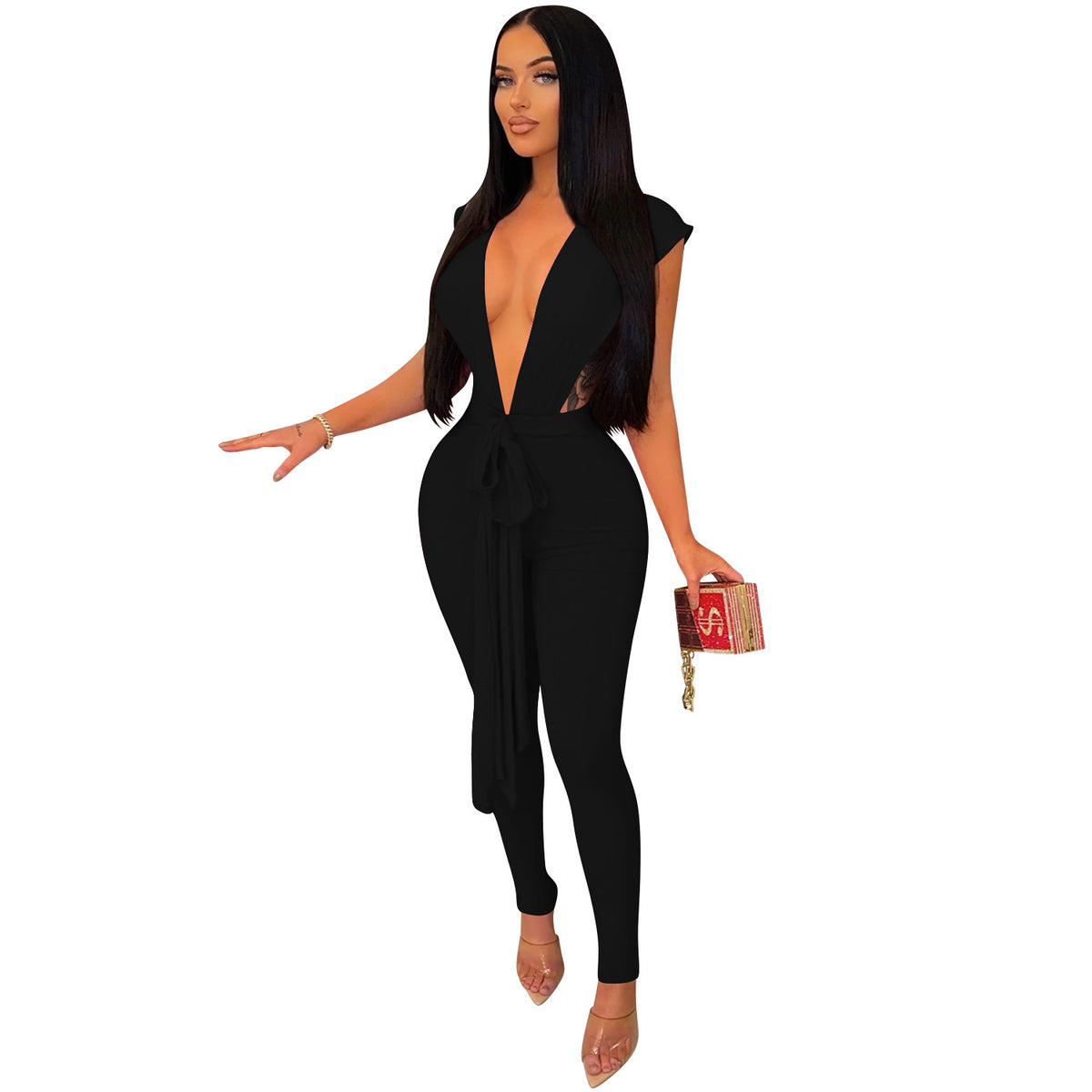 Women's Deep V-Neck Sleeveless Bandage Jumpsuit