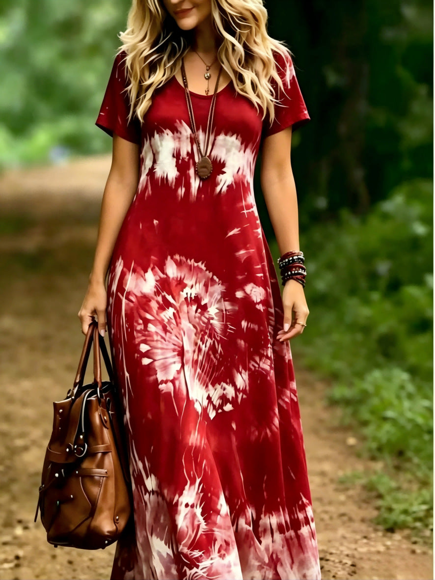 Vintage Boho Tie-Dye Summer Dress U-Neck Short Sleeve