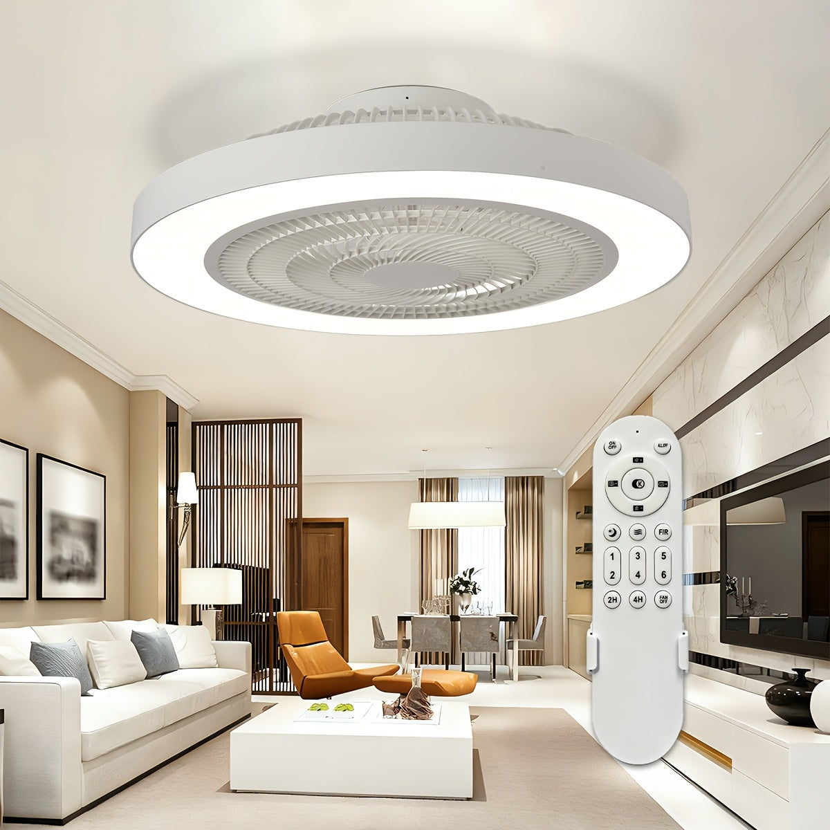 19‑inch Bladeless Ceiling Fan with Integrated LED Light, Dimmable, Remote‑Controlled, 6‑Speed DC Motor, 3000‑6000 K Color Temperature, White/Black