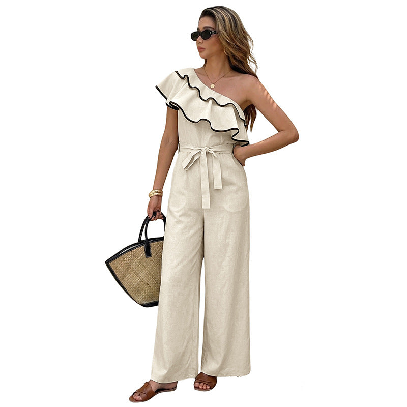 One-Shoulder Ruffle-Trimmed Drawstring Waist Jumpsuit