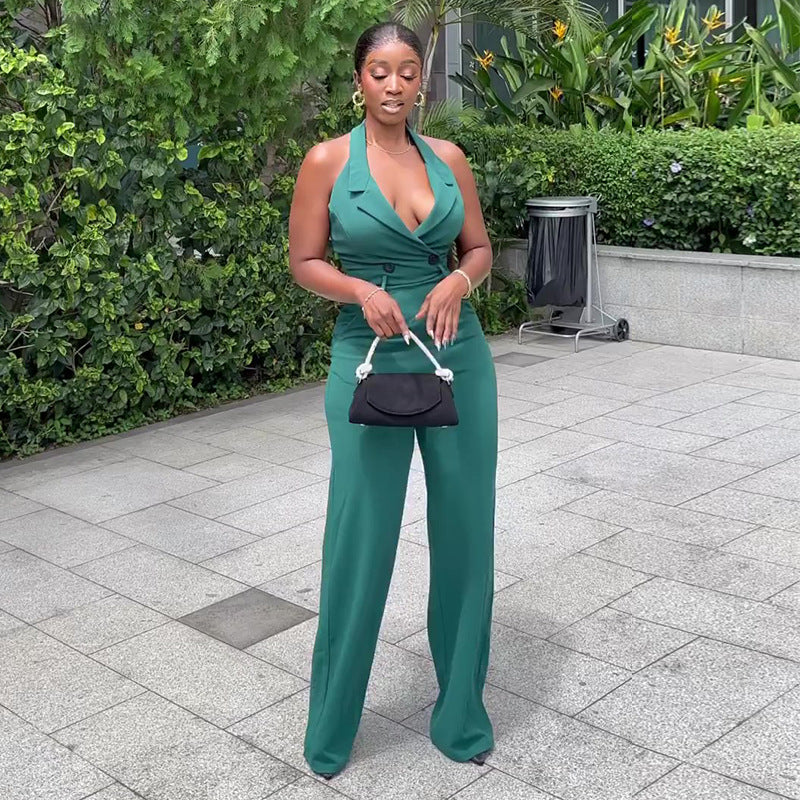 Backless Halter High-Waist Casual Pocket Jumpsuit