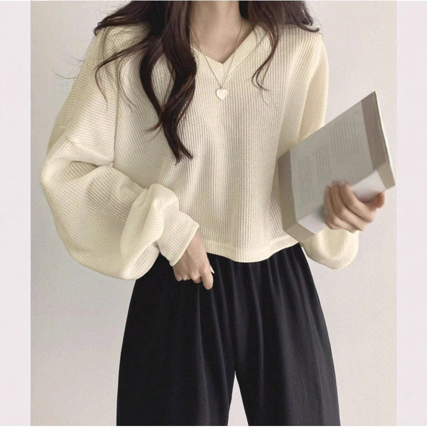 Womens Casual Versatile Solid-color Pullover Knit Sweater Top