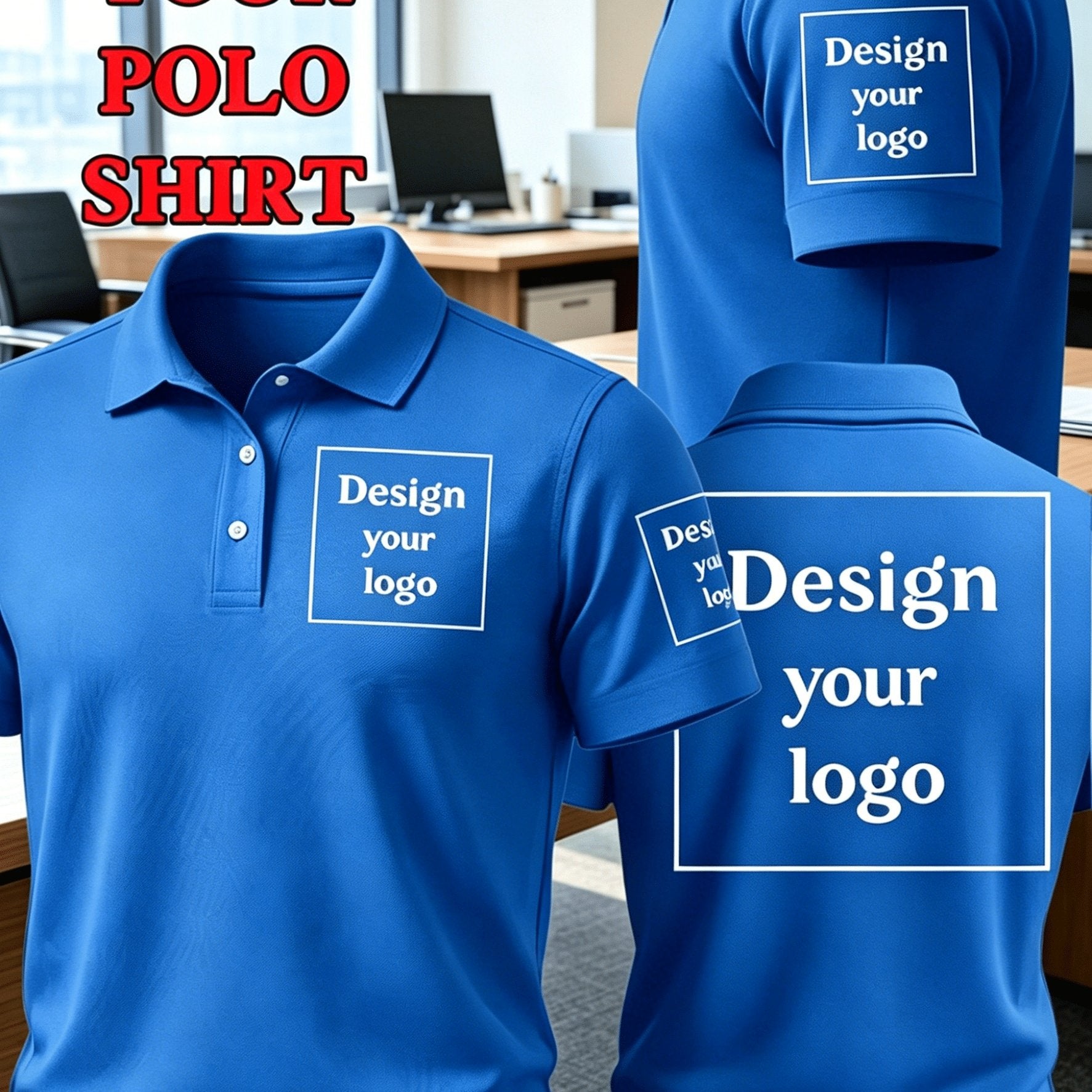 Customizable White Men's Polo Shirt with Front Chest, Sleeve, and Back Printing