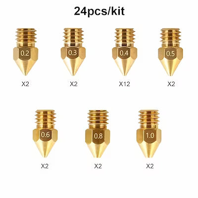 24‑Piece Assorted 3D Printer Nozzle Set (0.2 mm–1.0 mm, M6 thread, 1.75 mm filament)